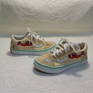 Vans Kids Size 1 Sneakers With Hand-Painted Floral & Text Details Beige Canvas